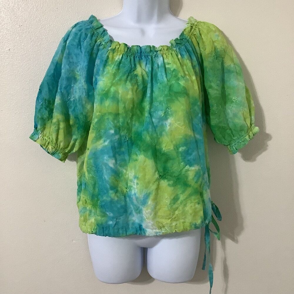 Green Tie Dye Bohemian Hippie Festival Eyelet Lace Puff Sleeve Peasant Blouse 6P